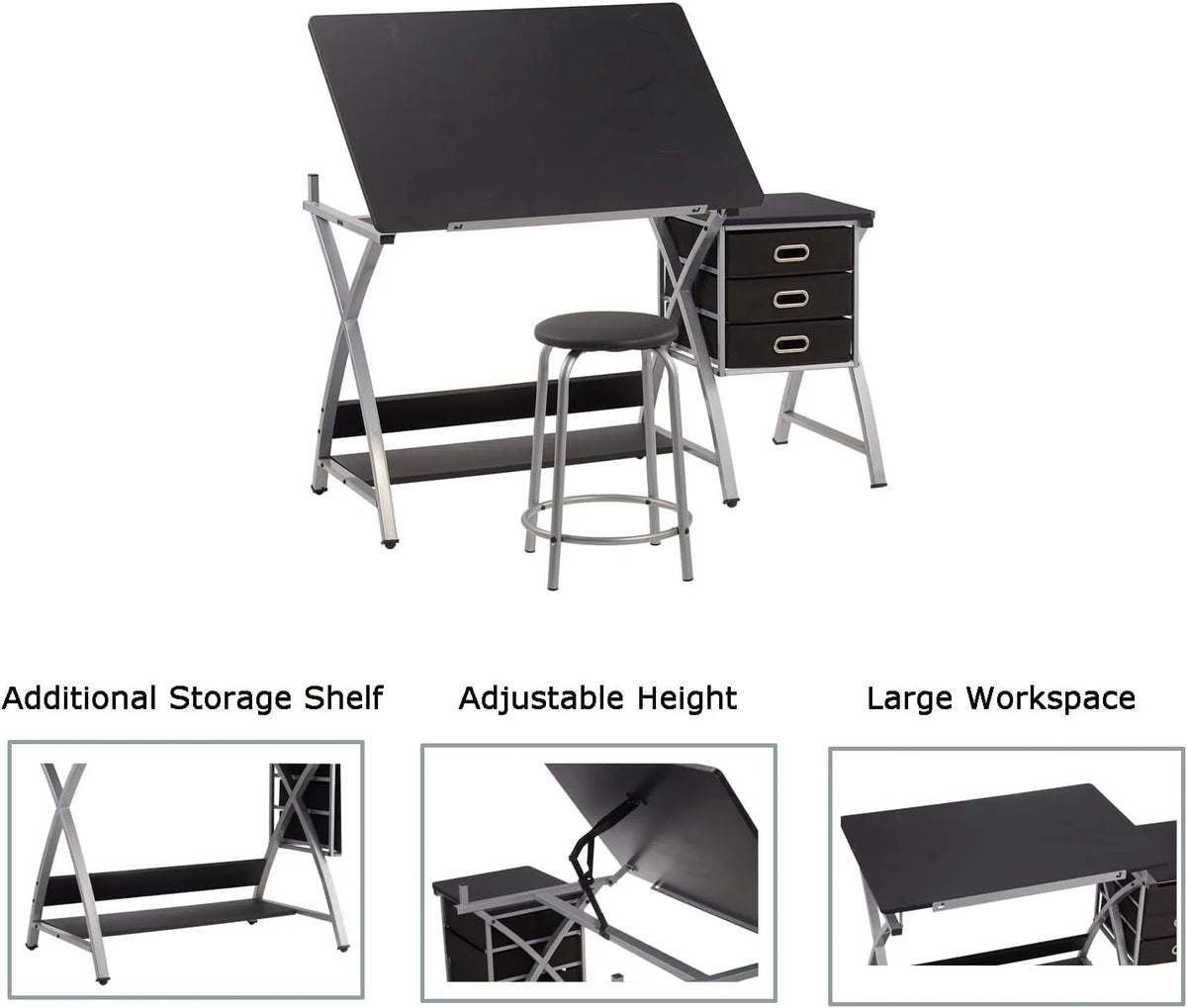 Black Adjustable Drafting Table with Stool and Storage Drawers F369
