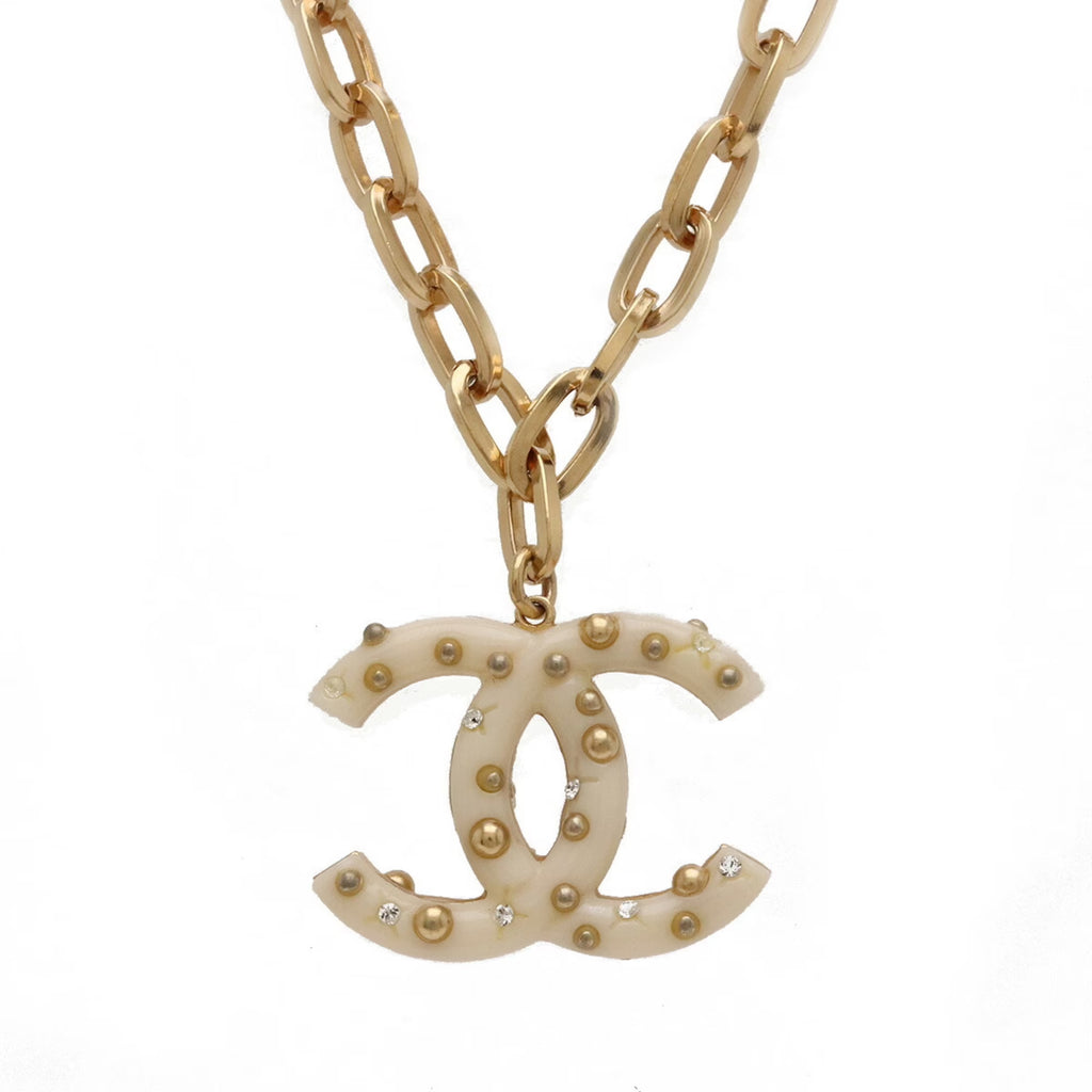 Ivory Gold Rhinestone Chain Necklace Pendant D231