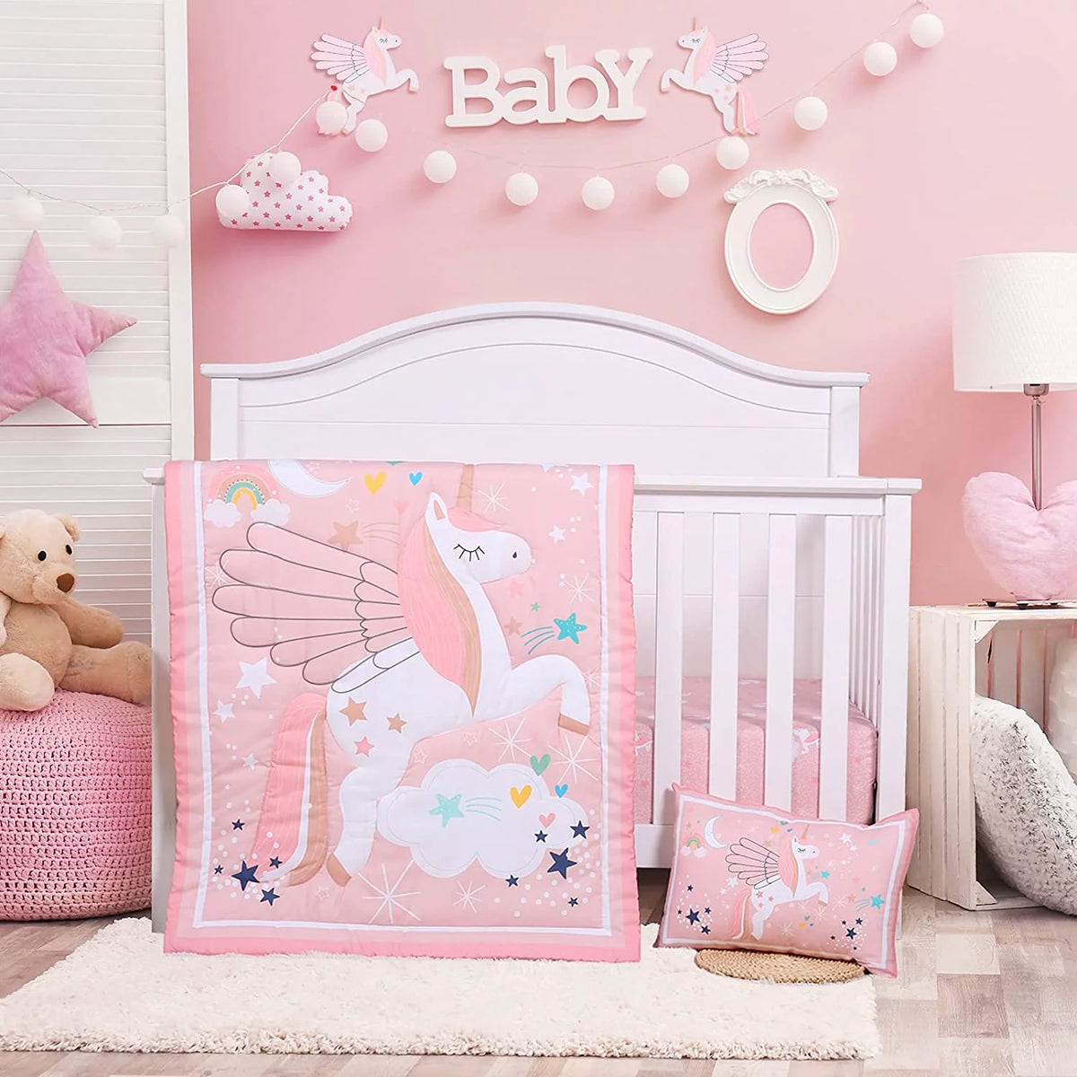 3-Piece Pink Unicorn Crib Bedding Set A6233