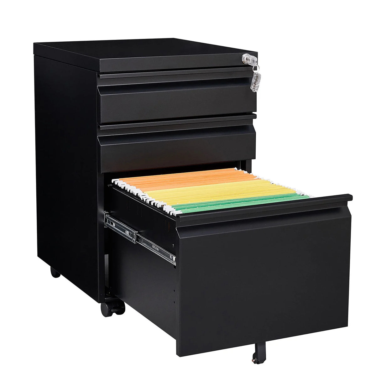 Black 3 Drawer Metal File Cabinet on Wheels C131