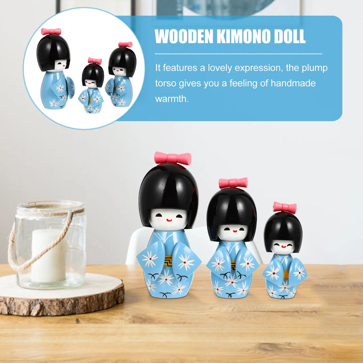 3 Pcs Wooden Kimono Doll Figurines T39120
