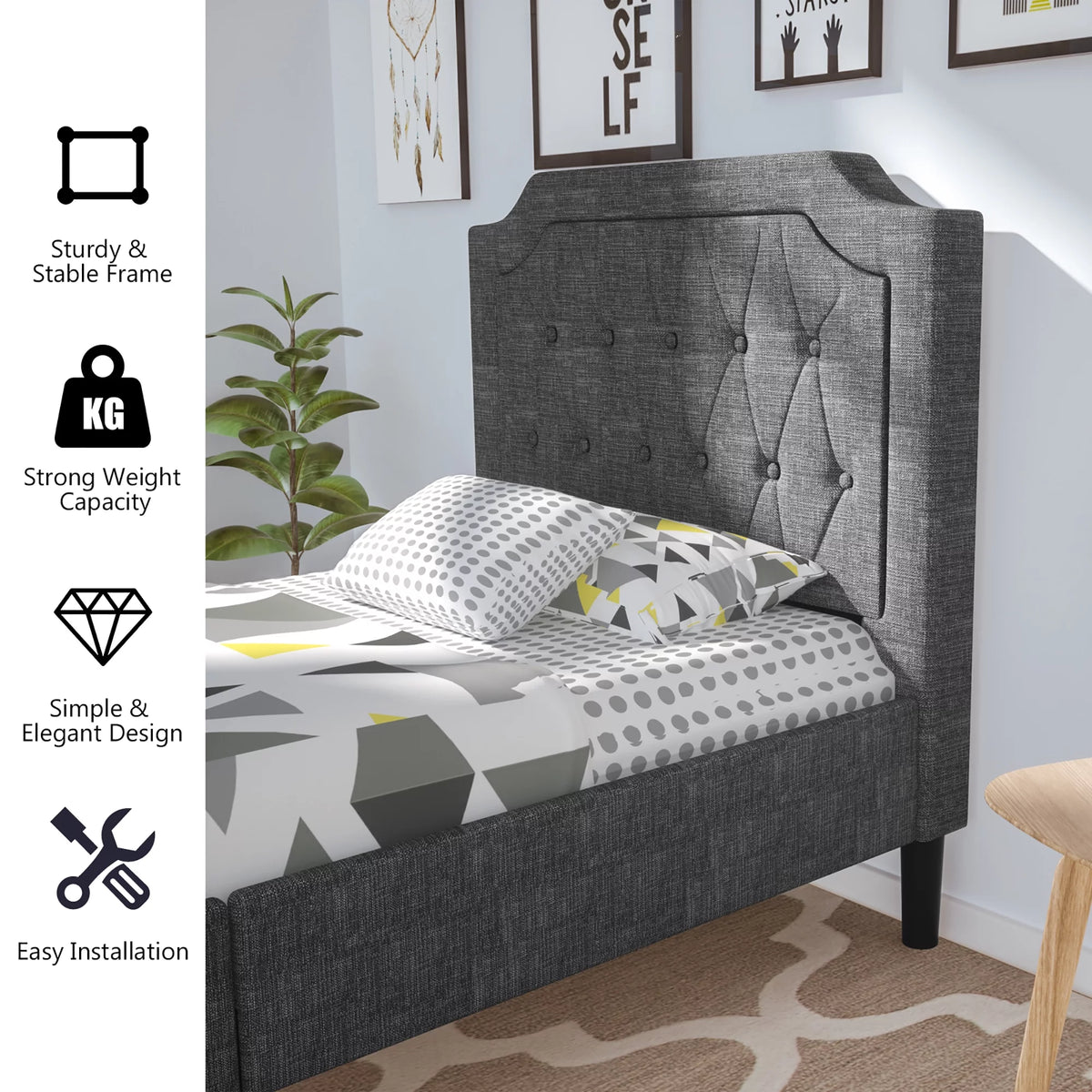 Twin Upholstered Platform Bed Frame with Linen Headboard, Grey G34101
