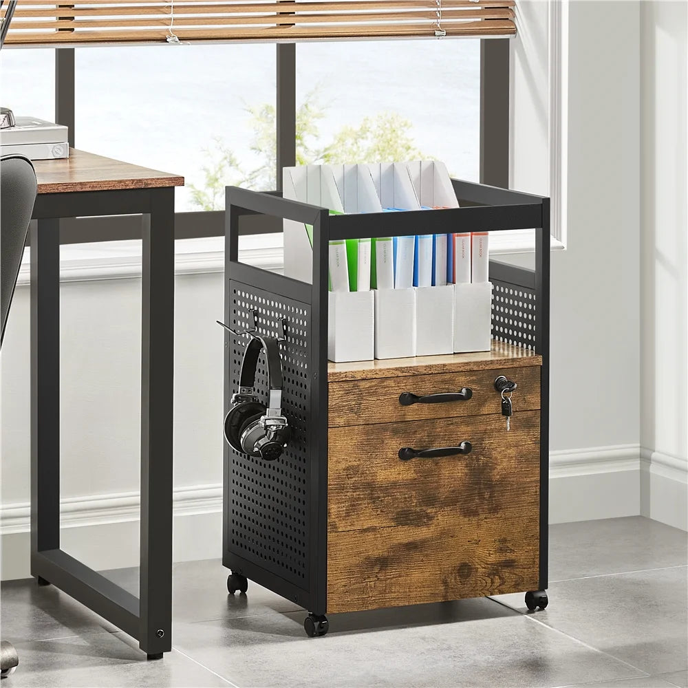 Industrial Rolling Wooden File Cabinet with Open Storage Shelf T28563