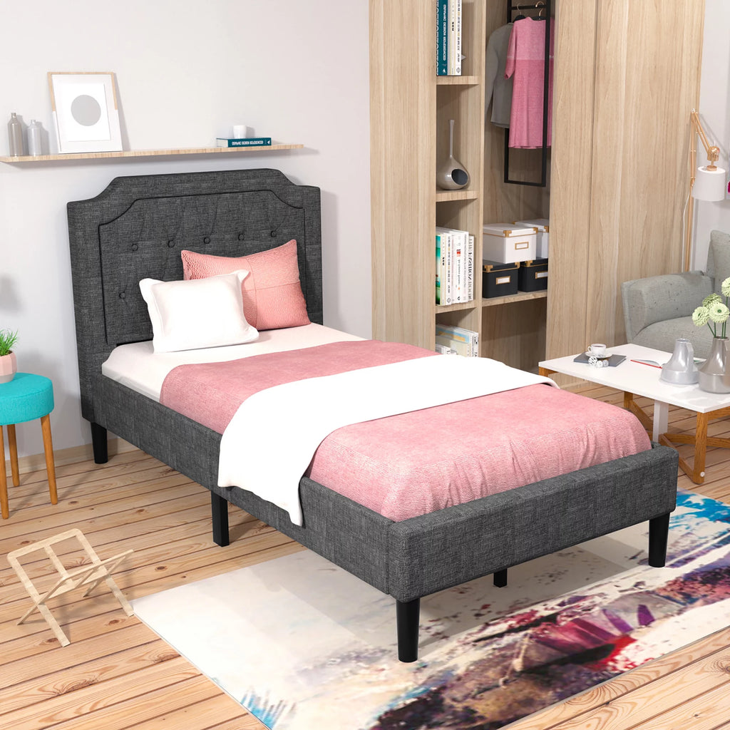 Twin Upholstered Platform Bed Frame with Linen Headboard, Grey G34101