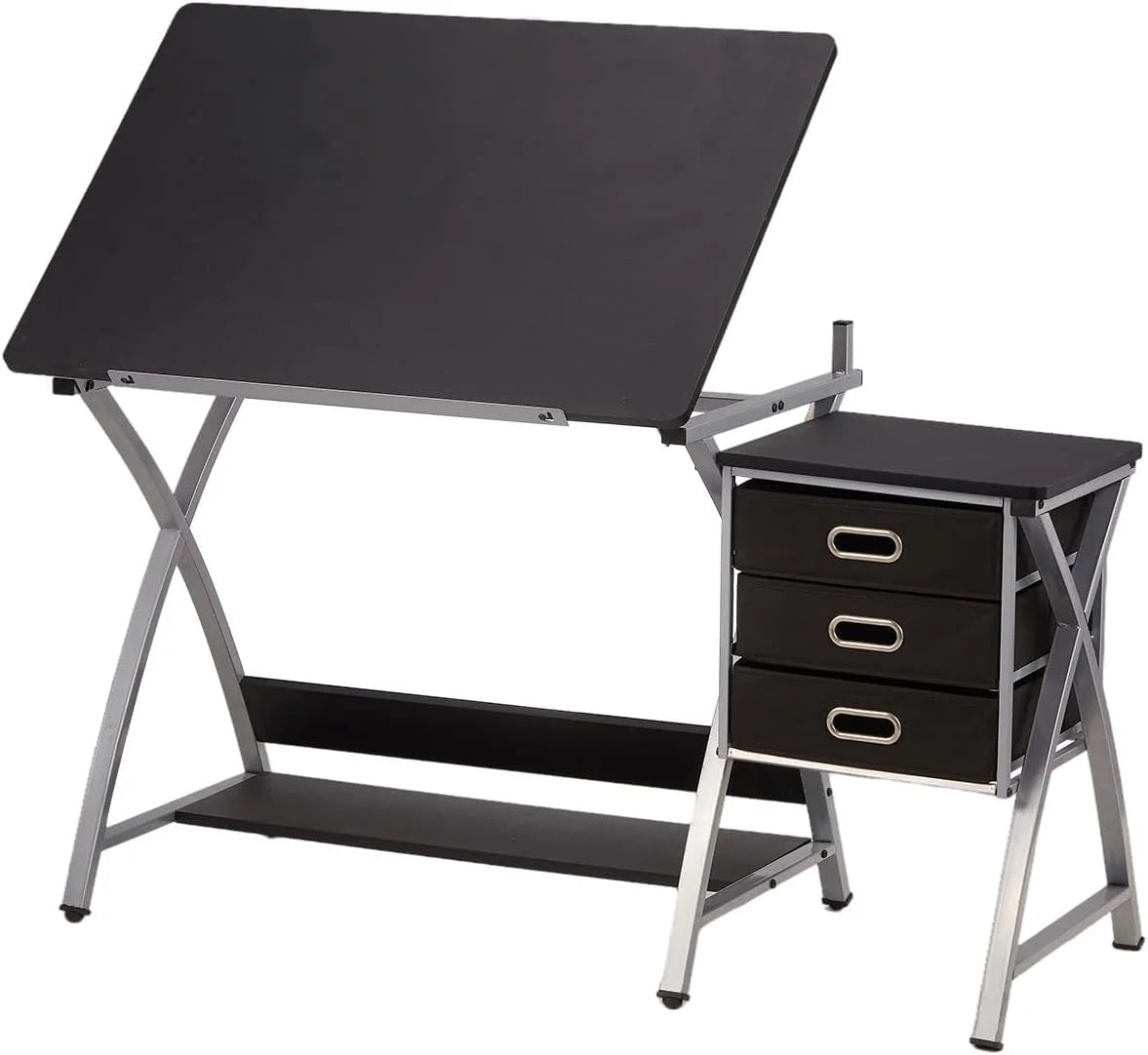 Black Adjustable Drafting Table with Stool and Storage Drawers F369