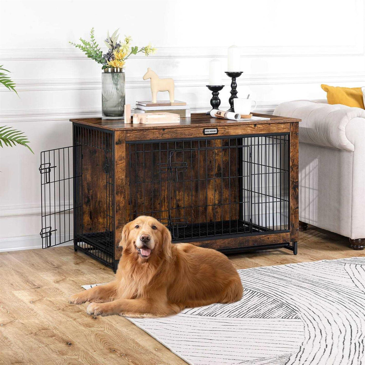 Large Wooden Dog Crate Furniture with Pull-Out Tray V440