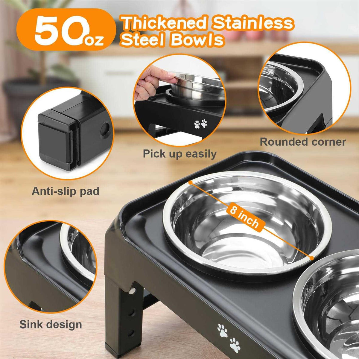 4 Height Adjustable Raised Dog Bowls with 2 Stainless Steel Bowls D761931