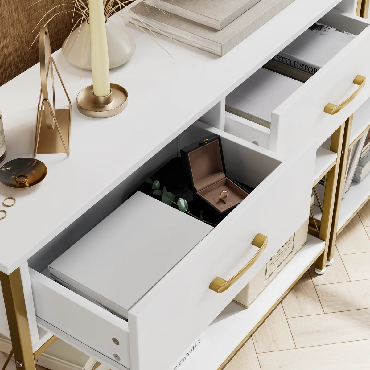 White/Gold 39.4'' Narrow Console Table with Drawers Z542371
