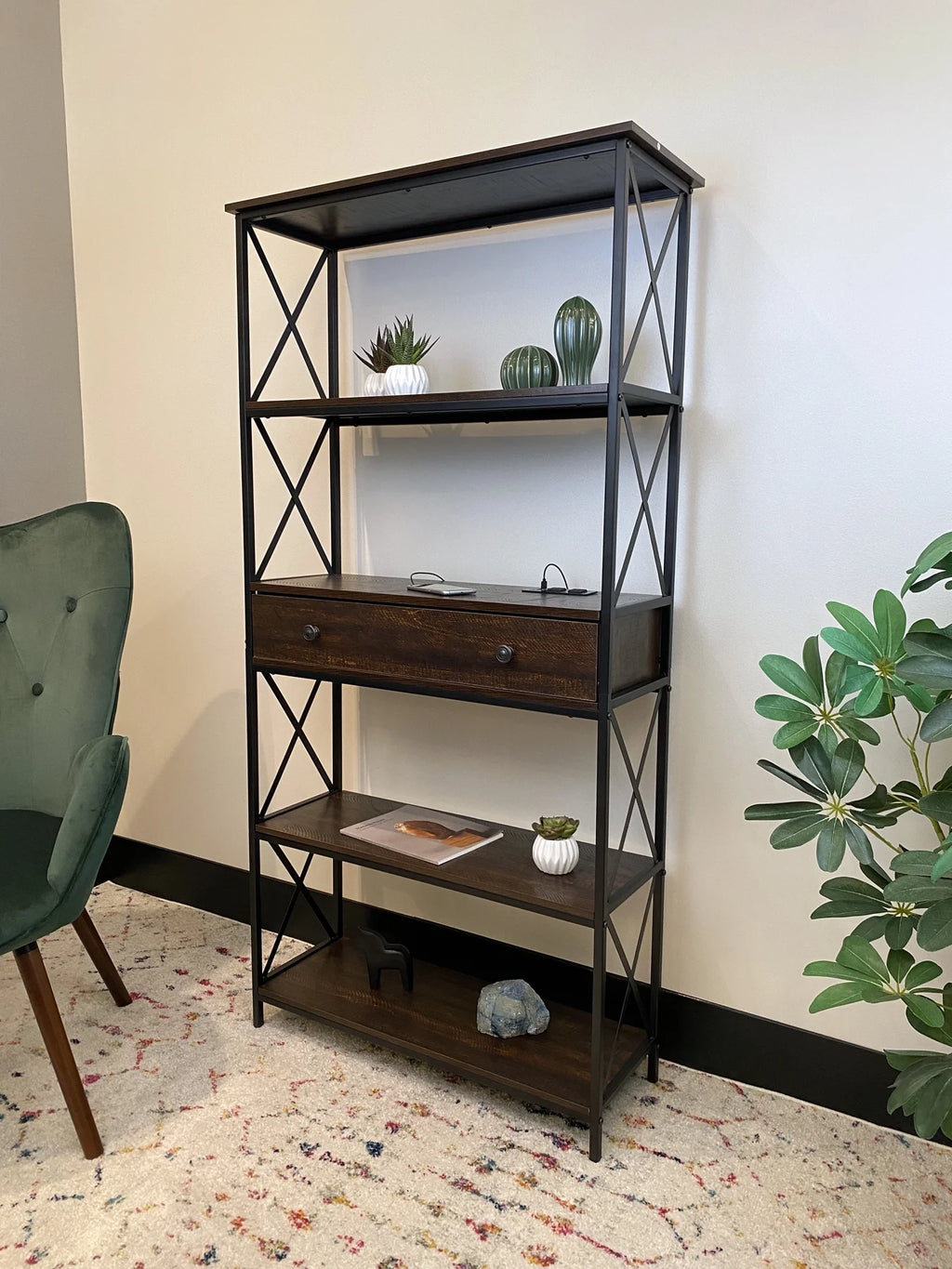 5 Shelf Bookcase with USB, AC Power Outlets and Drawer, Walnut J861594