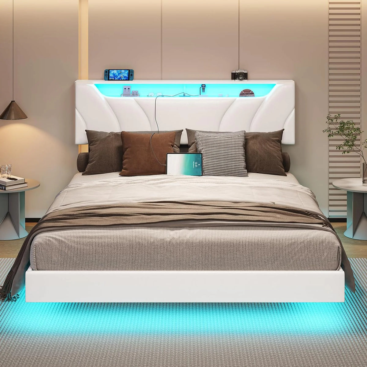 Black Queen Size LED Floating Platform Bed with Storage Headboard P27764