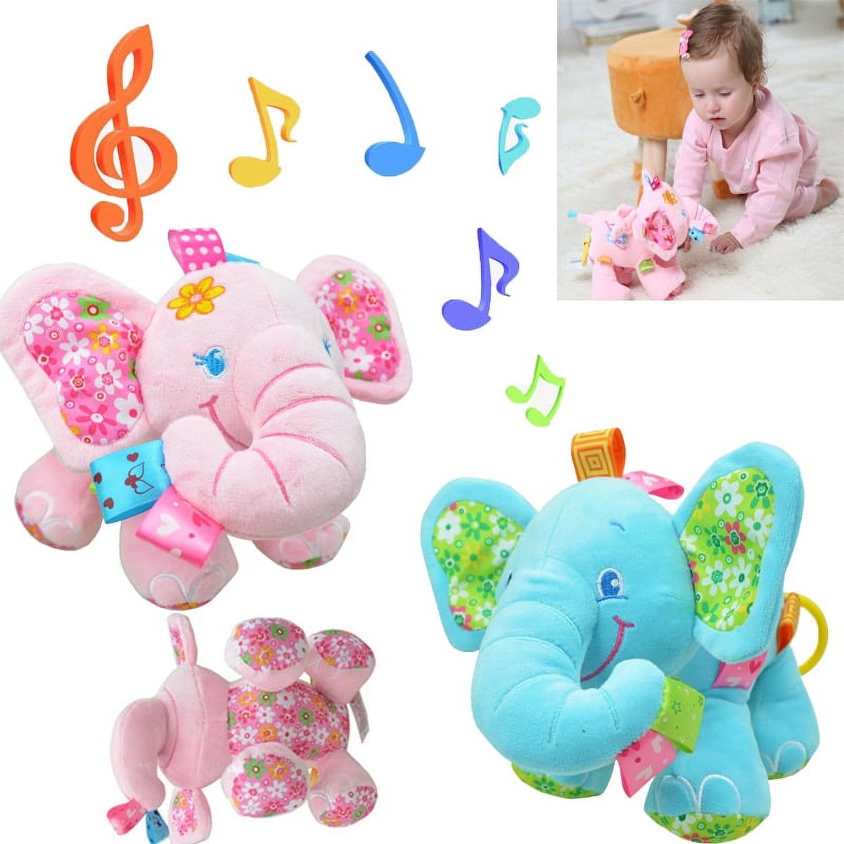 Baby Musical Stroller Toys Elephant Plush Stuffed Infant Toy with Musical Box, Squeaky Feet, BPA Free Teether L7926