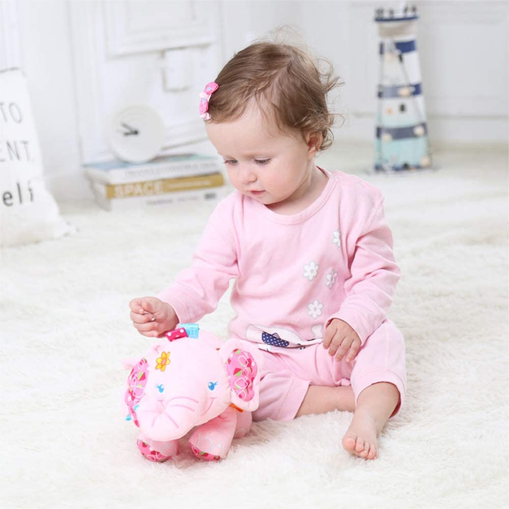 Baby Musical Stroller Toys Elephant Plush Stuffed Infant Toy with Musical Box, Squeaky Feet, BPA Free Teether L7926