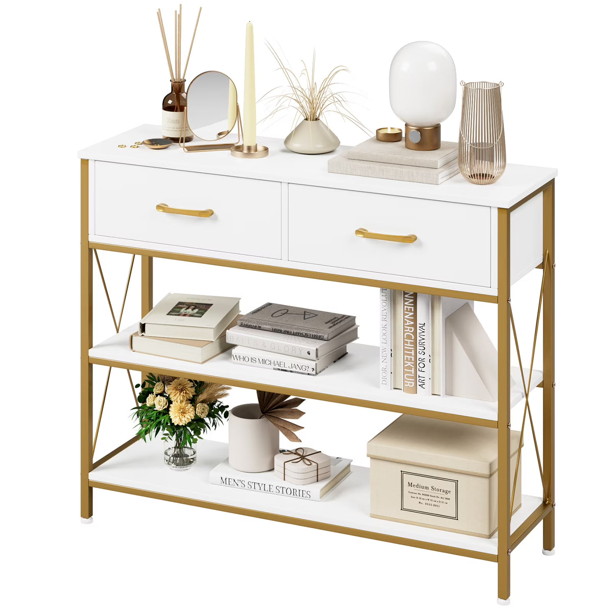 White/Gold 39.4'' Narrow Console Table with Drawers Z542371