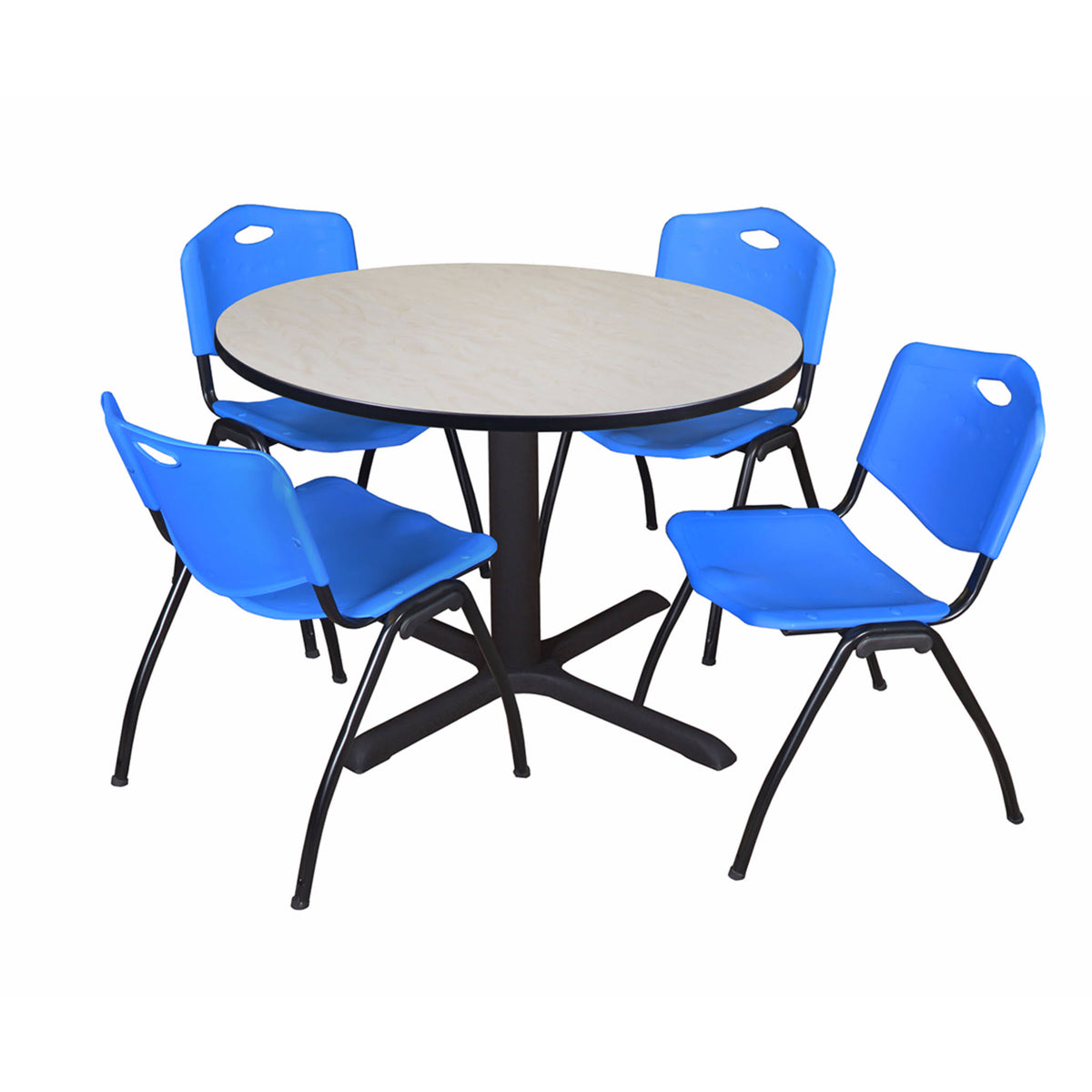 Maple Round Breakroom Table with 4 Grey Stack Chairs N52927