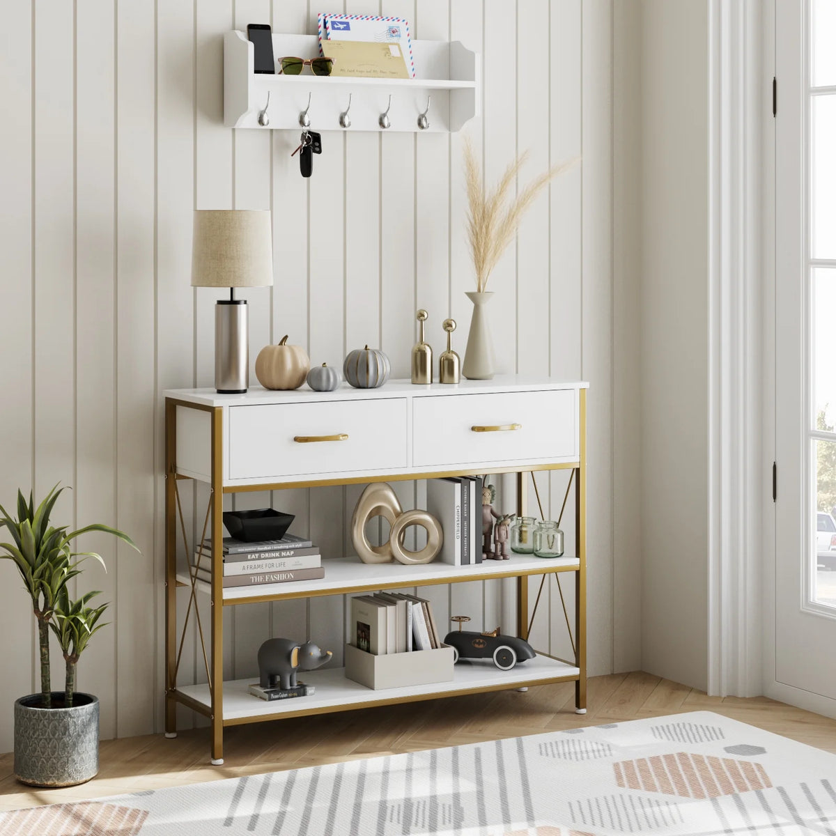 White/Gold 39.4'' Narrow Console Table with Drawers Z542371