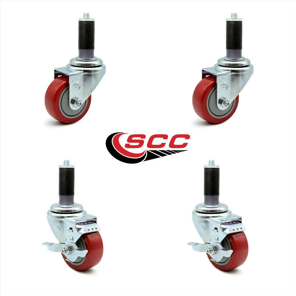 3 inch Red Polyurethane Swivel Expanding Stem Caster Set 2 Brake D204329