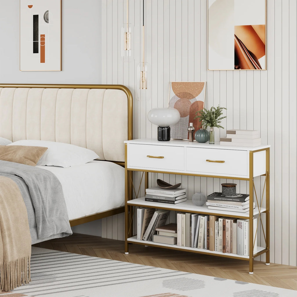 White/Gold 39.4'' Narrow Console Table with Drawers Z542371
