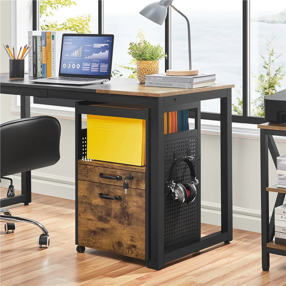 Industrial Rolling Wooden File Cabinet with Open Storage Shelf T28563