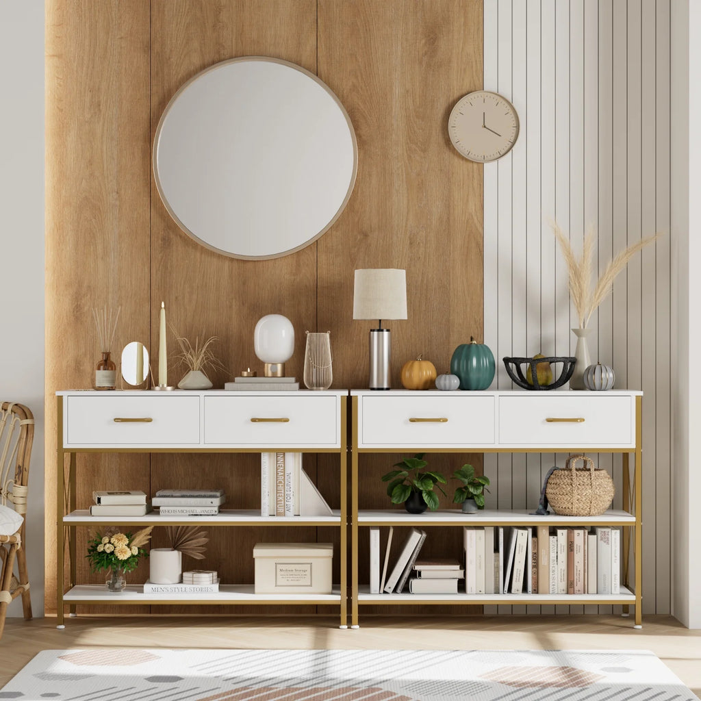 White/Gold 39.4'' Narrow Console Table with Drawers Z542371