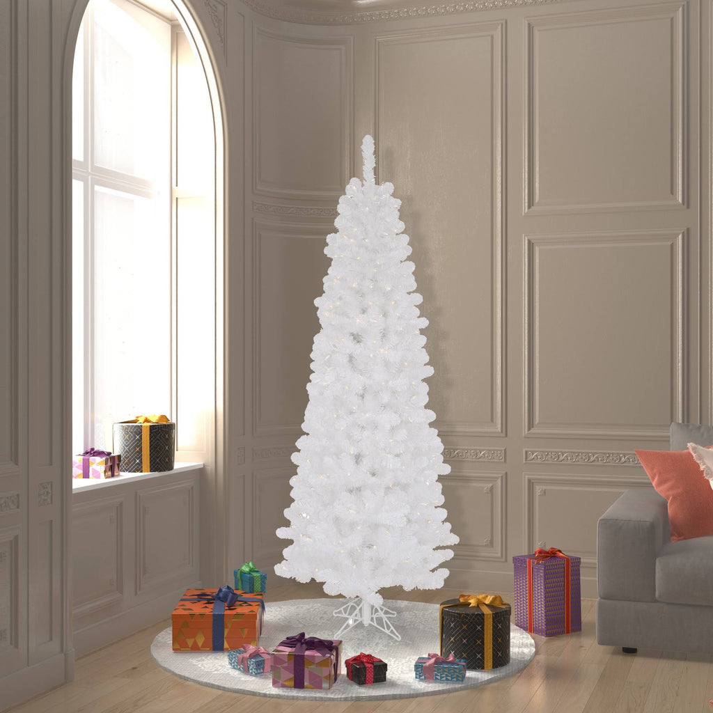 6.5 ft White Pencil Pine Christmas Tree with Clear Lights D294