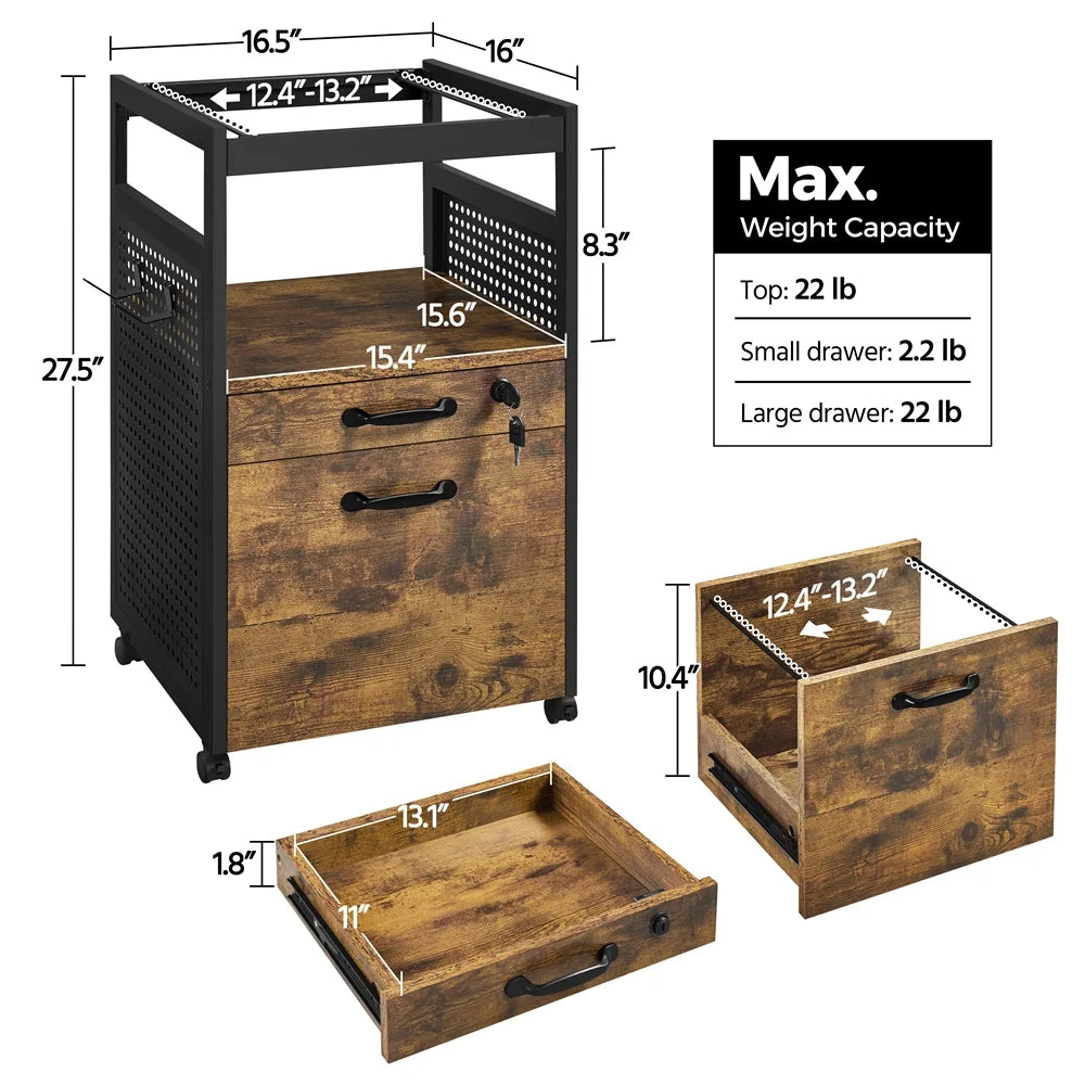 Industrial Rolling Wooden File Cabinet with Open Storage Shelf T28563