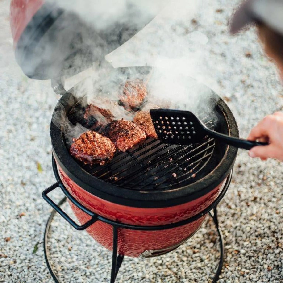 13.5 in. Portable Charcoal Grill in Red with Cast Iron Cart K8819